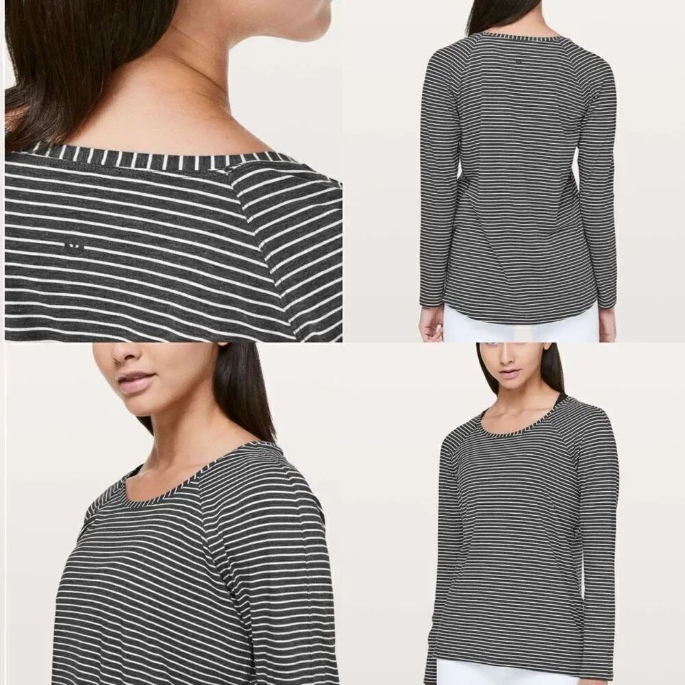 Lululemon Long Sleeve Modern Stripe Heathered Black White size 10